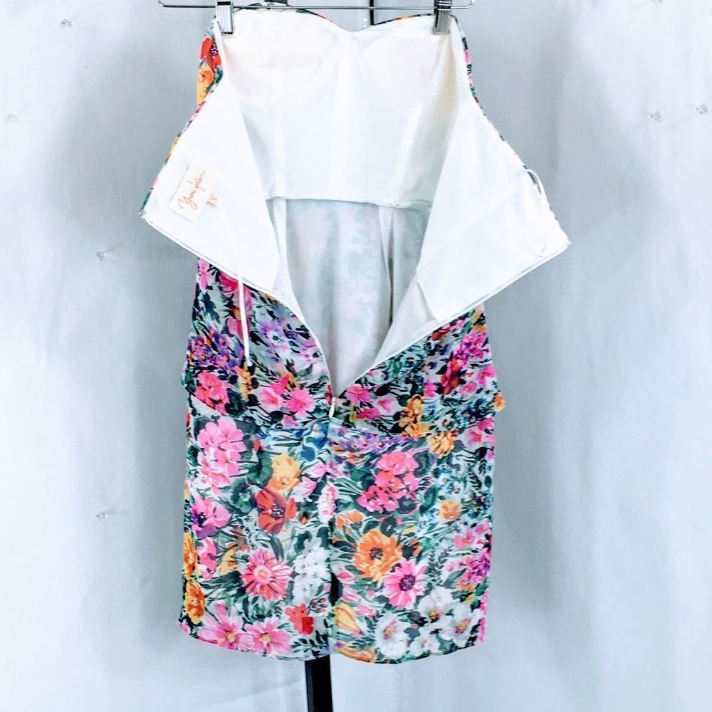 Yumi Kim Silk Dress Strapless Katie Floral Sheath Rouched Mini Dress Sz S - Picture 10 of 14